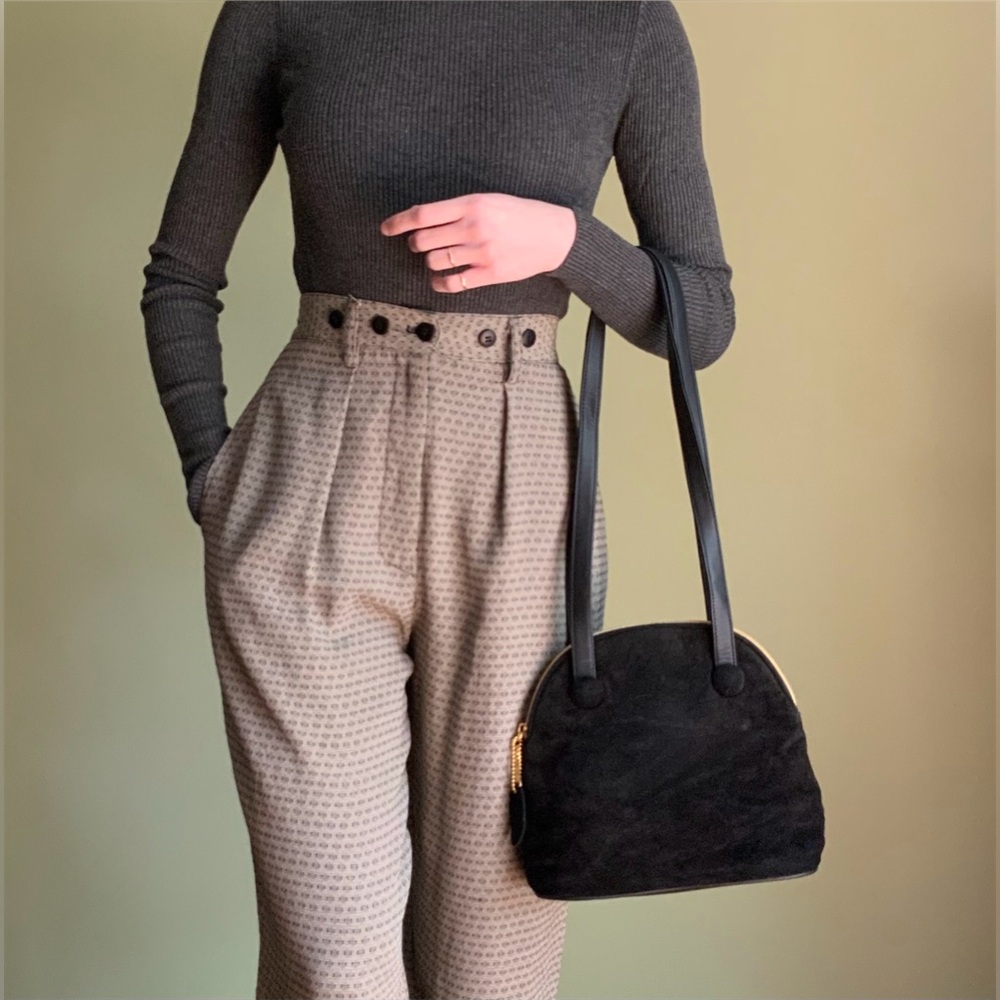 Retro Vintage Suede Purse, Genuine Leather, Black Bowler Bag